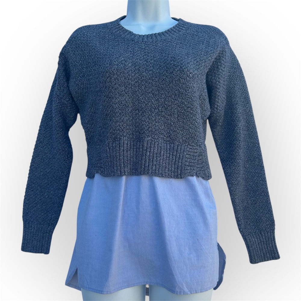 Banana Republic Charcoal Gray Crew Neck Pullover Sweater Layered w Blue Shirt